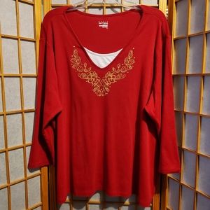 🌟 Basic Editions Filigree Floral red gold rhinestone long sleeve women's 3X